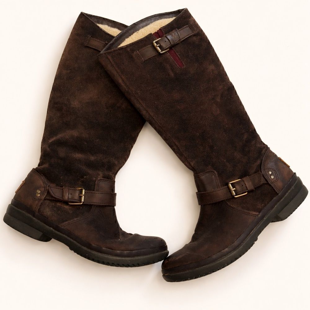 Ugg Thomson dark brown suede leather Moto style boots shearling lined size 6.5